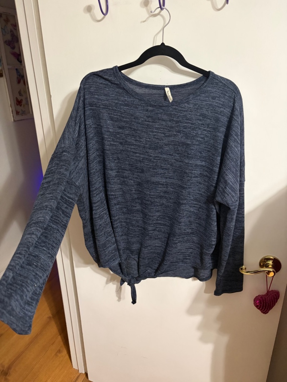 🧡 Large Beeson River Navy Marled Tie-Hem Long Sleeve Top with Tie